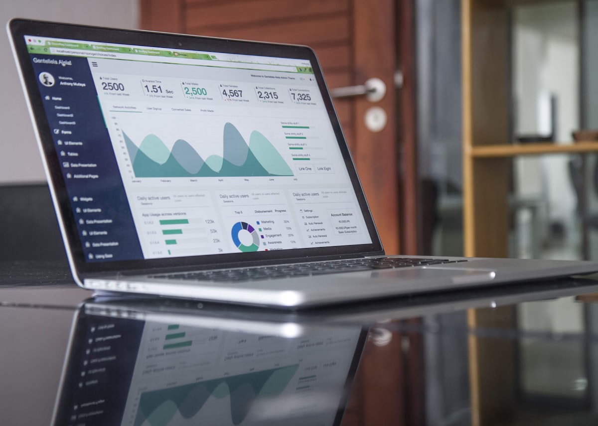 Laptop showing analytics and website work on a desk